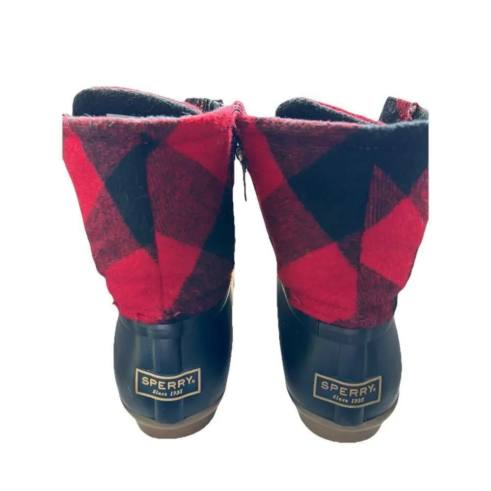 Sperry Womens 8 Saltwater Red Buffalo Plaid Zip Up Duck Boots Winter Rain